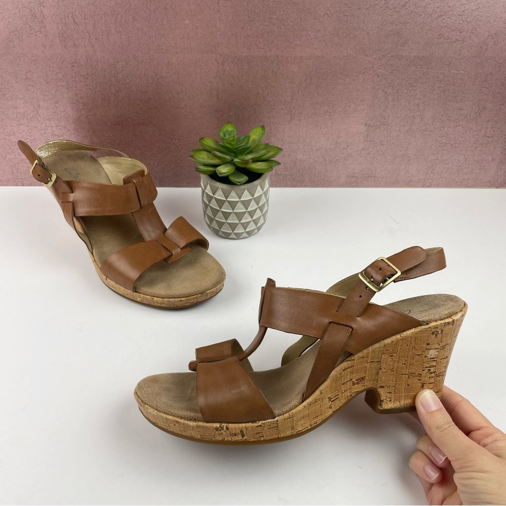 Clarks Brown Leather Strappy Cork Wedge Sandals Women Size 9.5M